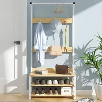 Simple Multi-Hook Clothing and Shoes Stand Rack Hat Cloth Bag Coat Hanger Floor Standing Rack Wood 2 Layer Shoes Storage