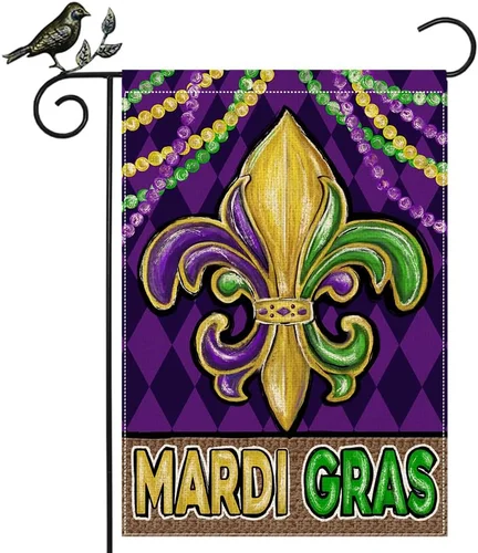 Mardi Gras Fleur De Lis Garden Flag 12 X 18 Inch, Beads New Orleans Carnival Cel OOV IIC