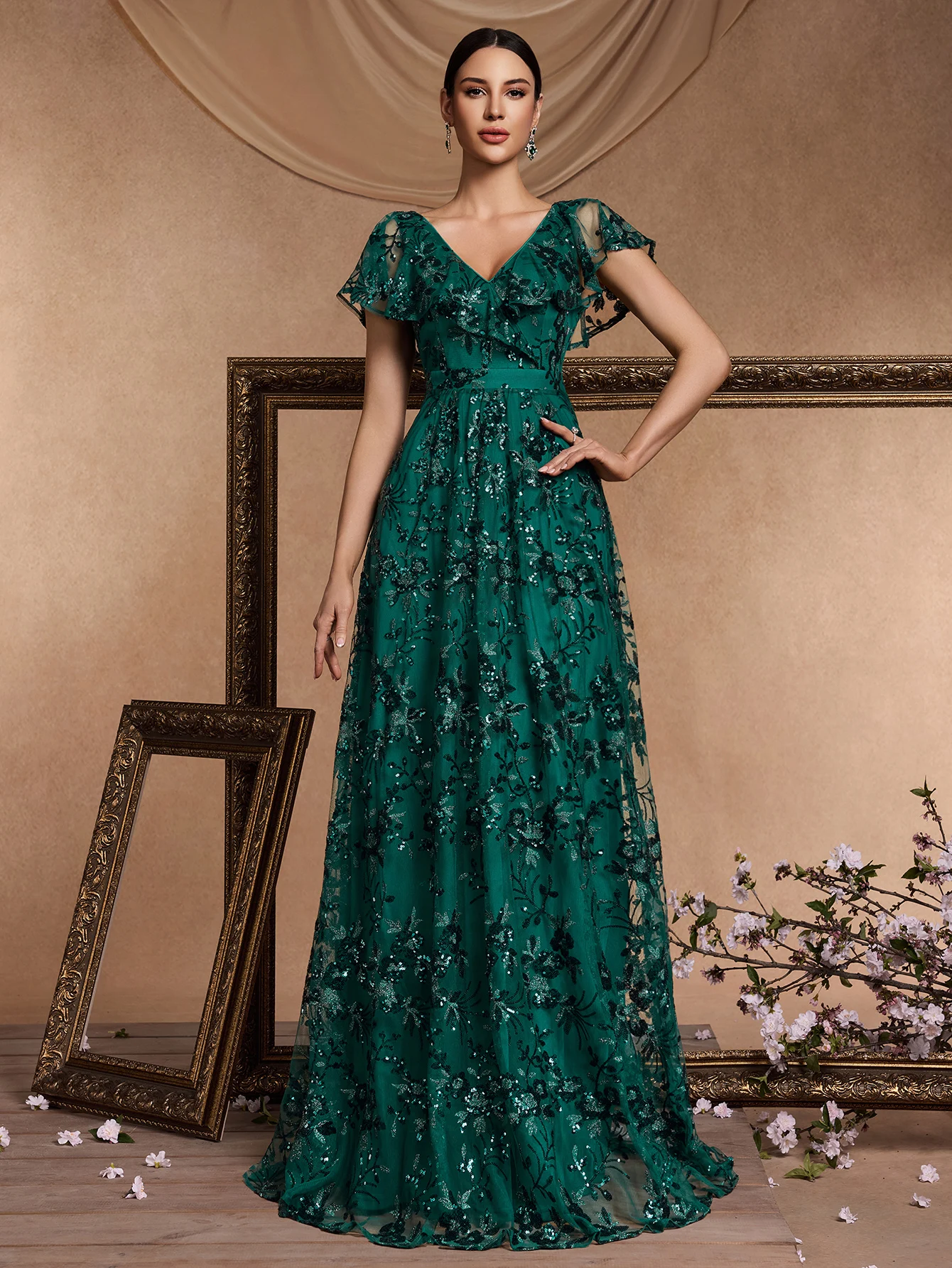 XUIBOLB Luxuriöses bodenlanges Abendkleid mit V-Ausschnitt, lang, 2024, Damen, elegantes Partykleid, Pailletten, kurze Ärmel, Abschlussball-Cocktailkleid