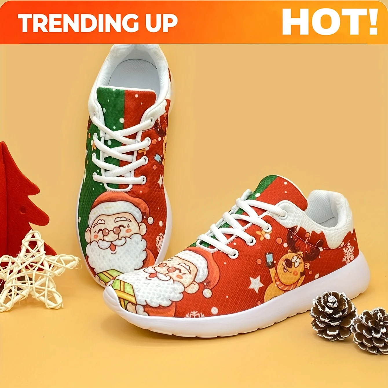 Customization Breathable Lightweight Sneakers Featuring A Christmas Theme With Santa Claus And Reindeer