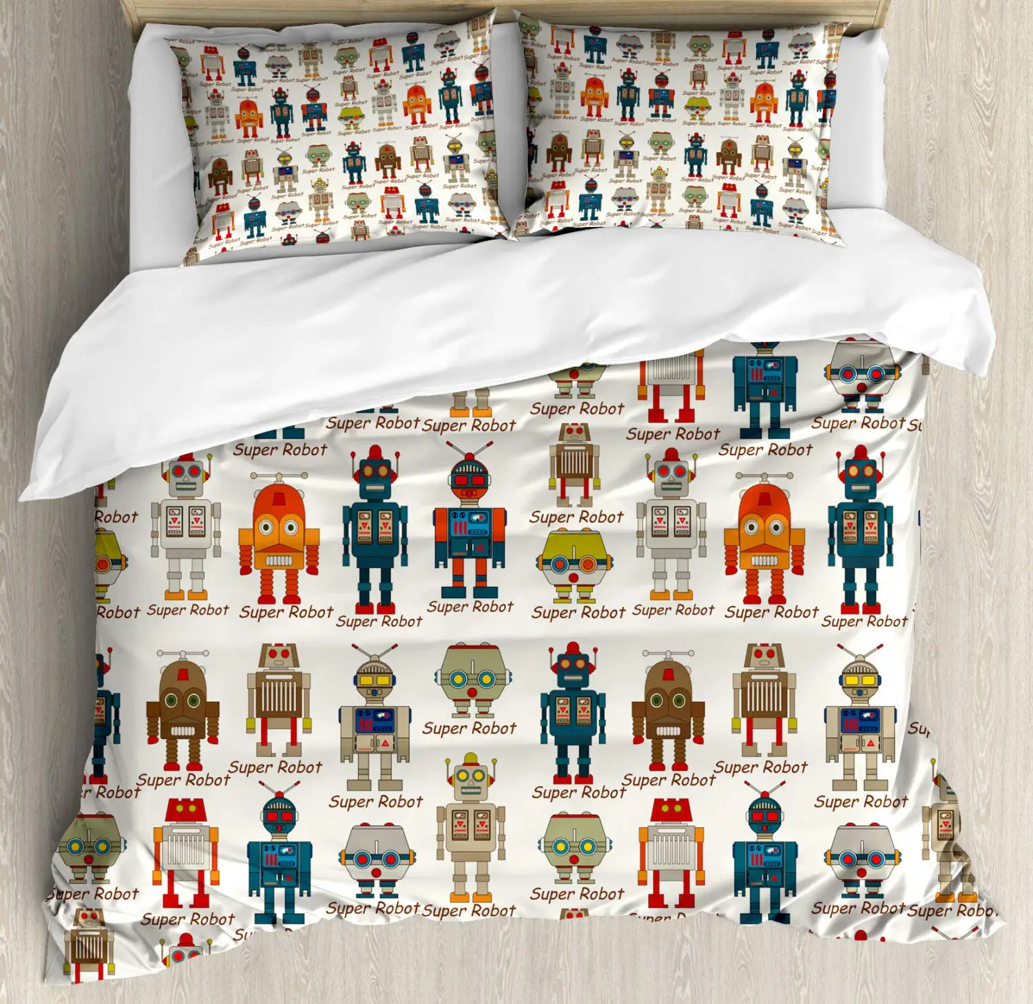 

Robot Duvet Cover Various Different Super Robot Set In Cartoon Style Fantasy Futuristic Machine Decorative for Boys Girls Gifts