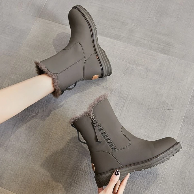 

Leather Round Toe Women's Snow Boots Booties Solid Color Autumn Winter Chic and Elegant Large Size Warm New Rock Ladies Shoes