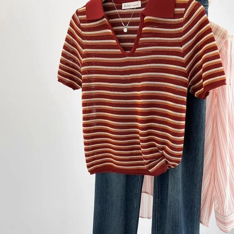 Knitted T Shirt For Women Stripes Color Blocking Spring Summer Vintage Ropa De Mujer V Neck Y2k Casual T-shirts