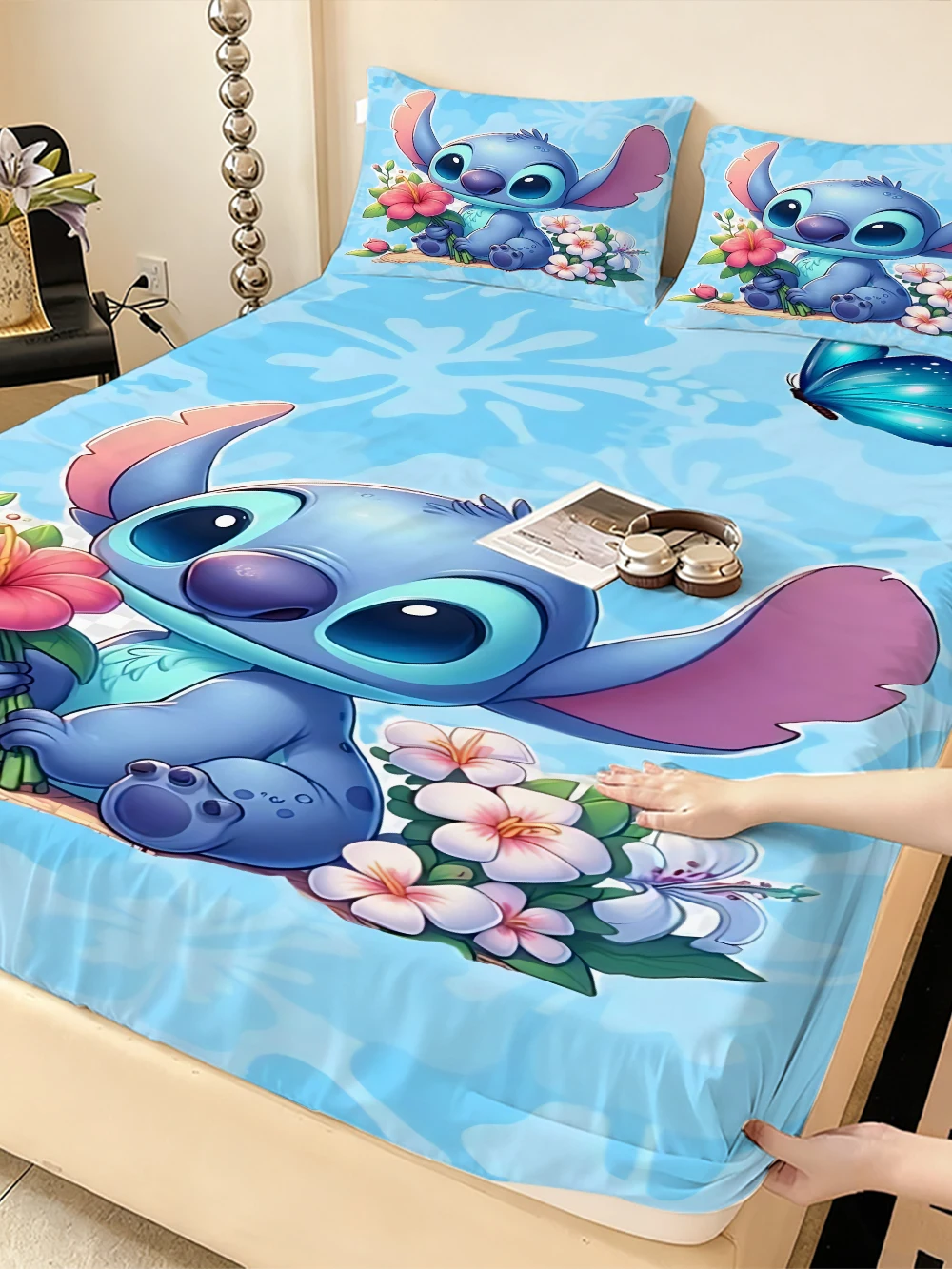 디즈니 스티치 스트레치 침대 시트, 더블 침대 시트, 부드럽고 따뜻한 벨벳 침대보, 매트리스 커버, 시트 보호 커버,