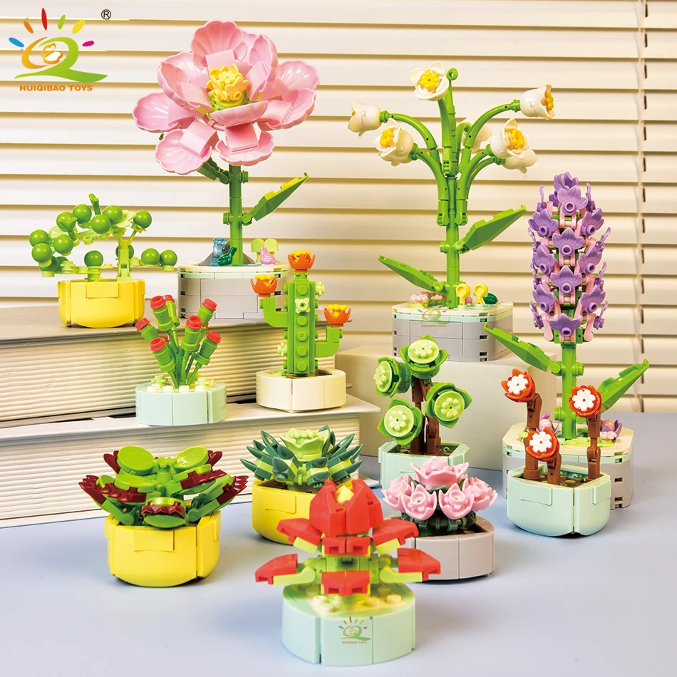 HUIQIBAO MOC Flower Succulents Building Blocks Everlasting Flowerpot Bonsai Gardens Romantic Bricks DIY Potted Plants Model Kids