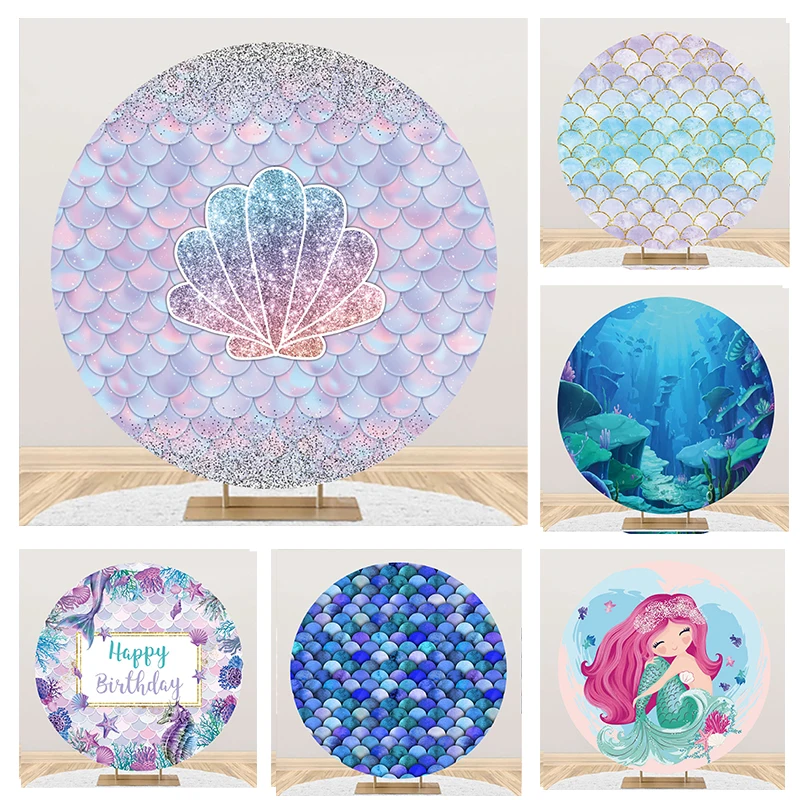 

Laeacco Mermaid Birthday Round Backdrop Under The Sea Pastel Glitter Scales Shell Baby Shower Portrait Photography Background