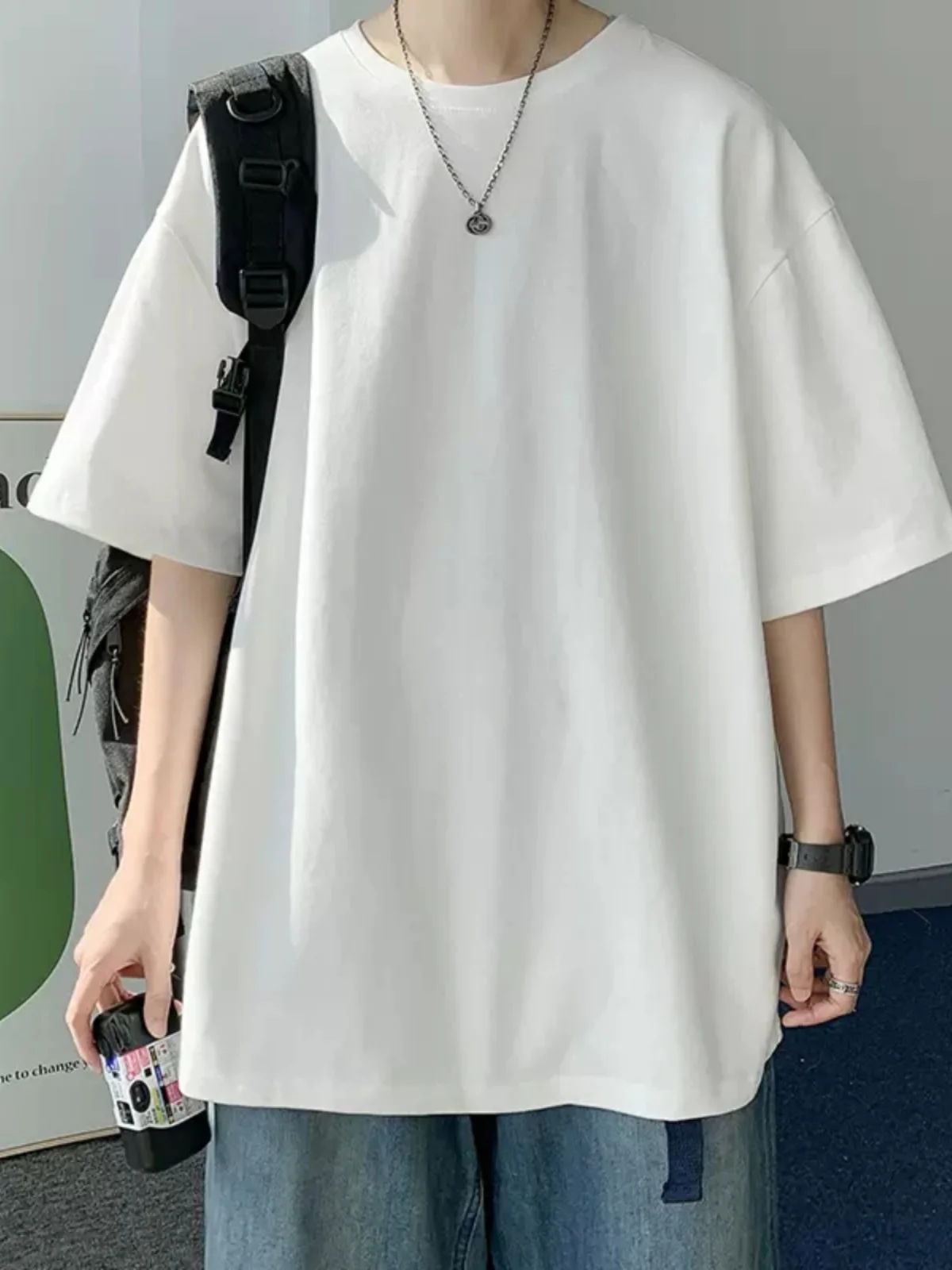 تي شيرت بأكمام قصيرة من القطن الخالص باللون الأسود الخالص للرجال كقاعدة، تي شيرت فضفاض للزوجين من القطن الخالص بلون سادة طوال الموسم #2