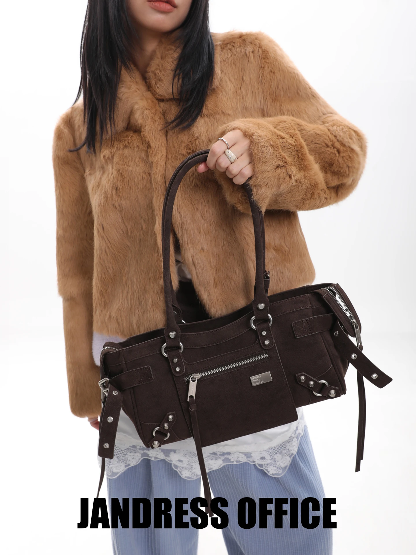 Original JANDRESS Motorcycle Bag 26SS Trendy Underarm Zipper Bag with Rivets for Young People Fashionable PU Leather Bag