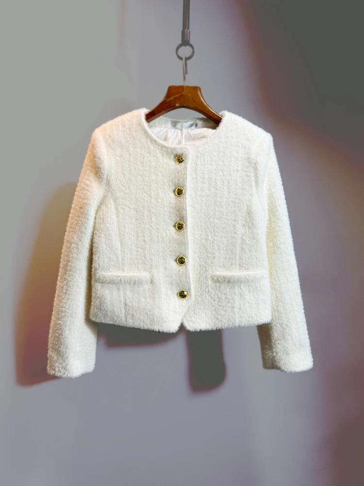 Elegancka francuska moda, socjeta, okrągły dekolt, złote guziki, jednorzędowe, proste, uniwersalne płaszcze puchowe, krótkie kurtki damskie na zimę.