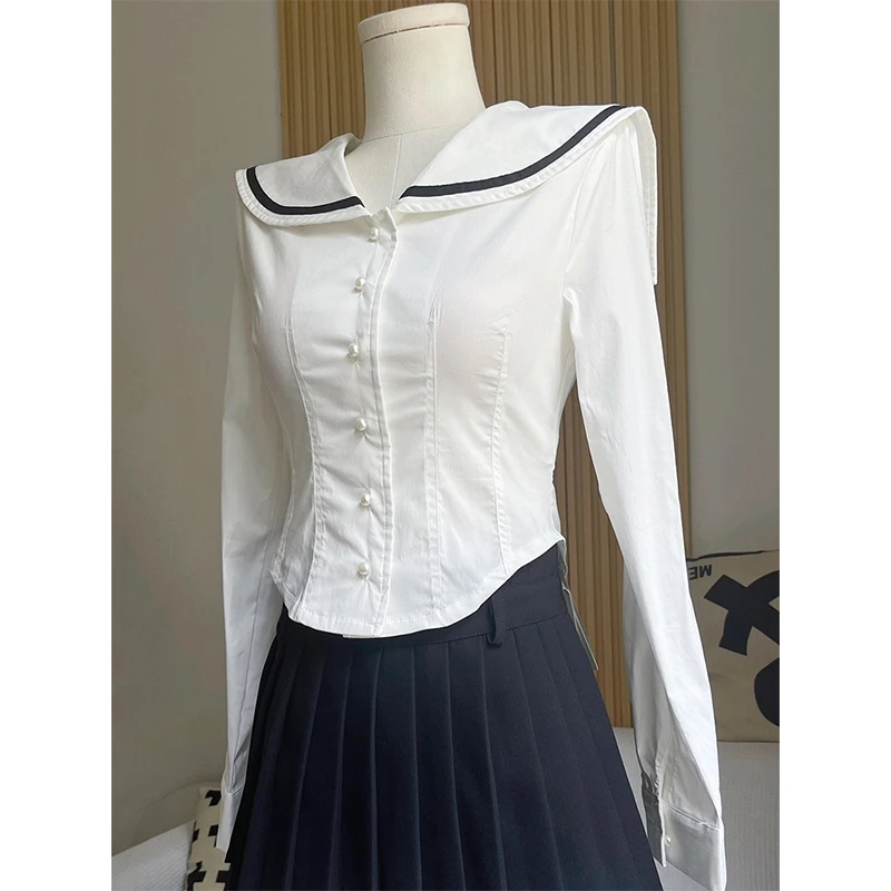 

Cropped White Shirts Women Japanese Cutecore Sailor Collar Blouses Fashion Preppy Long Sleeve Slim Design Tops New