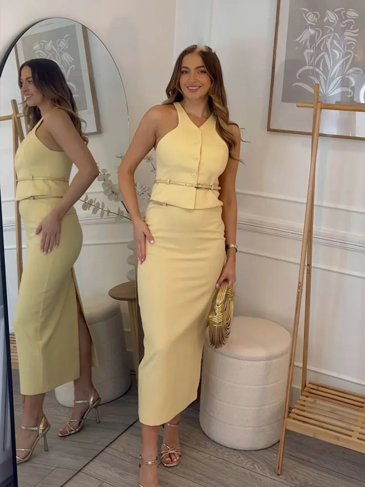 HH-traje de moda para mujer, Tops sin mangas con cinturón y cinturón en V amarillo + cinturón de bolsillo de cintura alta, faldas largas, conjunto de verano para mujer