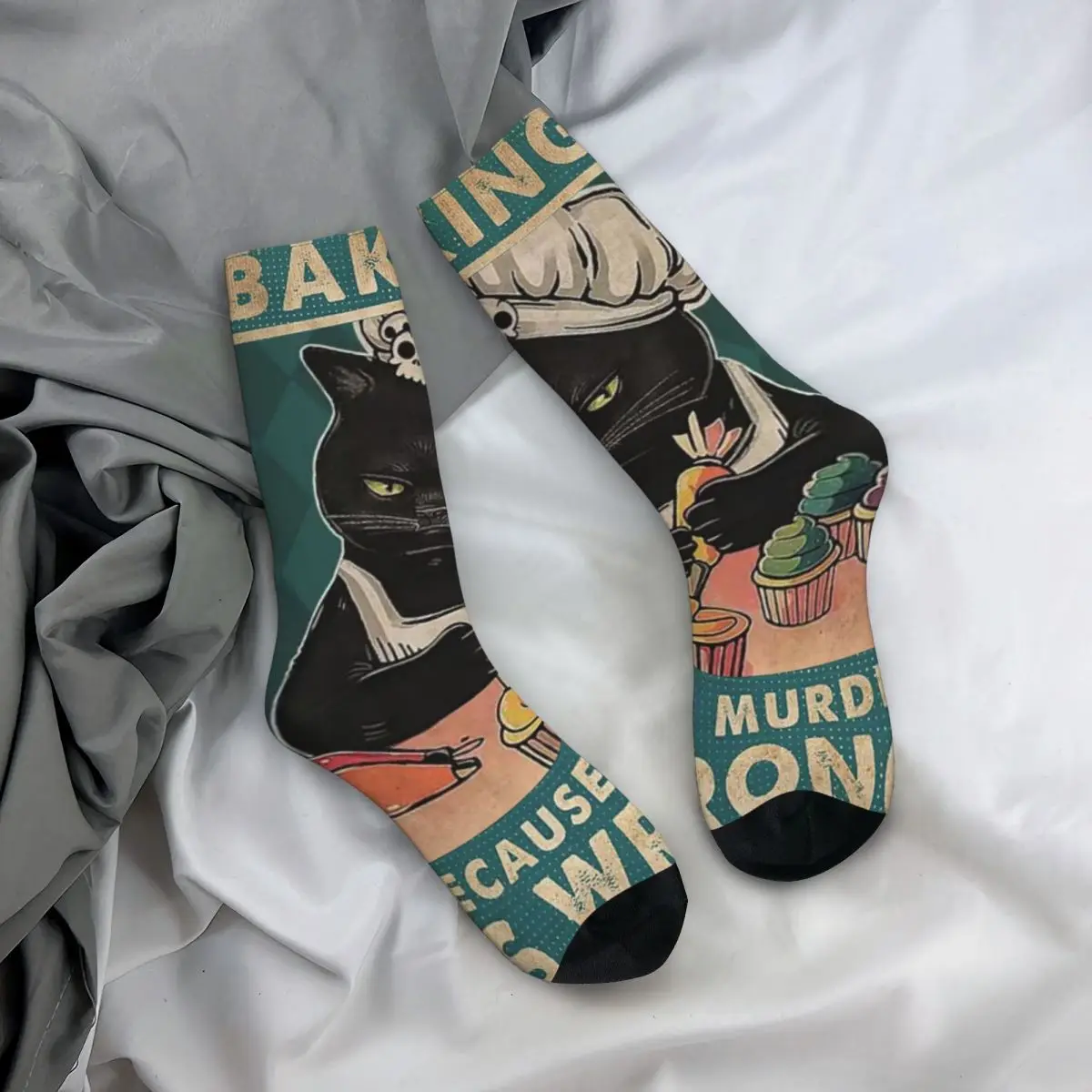 Hip Hop Retro Baking Because Murder Is Wrong Tattooed Crazy Men\'s Socks Unisex Black Cat Harajuku Seamless Printed Crew Sock