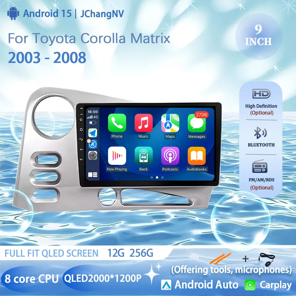 

9" Android 15 Carplay Auto 2k Screen Car Radio Player For Toyota Corolla Matrix 2003 - 2008 DSP Multimedia Stereo