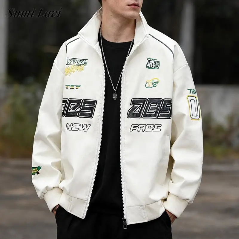 

Motorcycle Style Men's Leather Jackets Fall Winter Streetwear Vintage Embroidery Patchwork Coats Fashion Mens PU Leather Jacket
