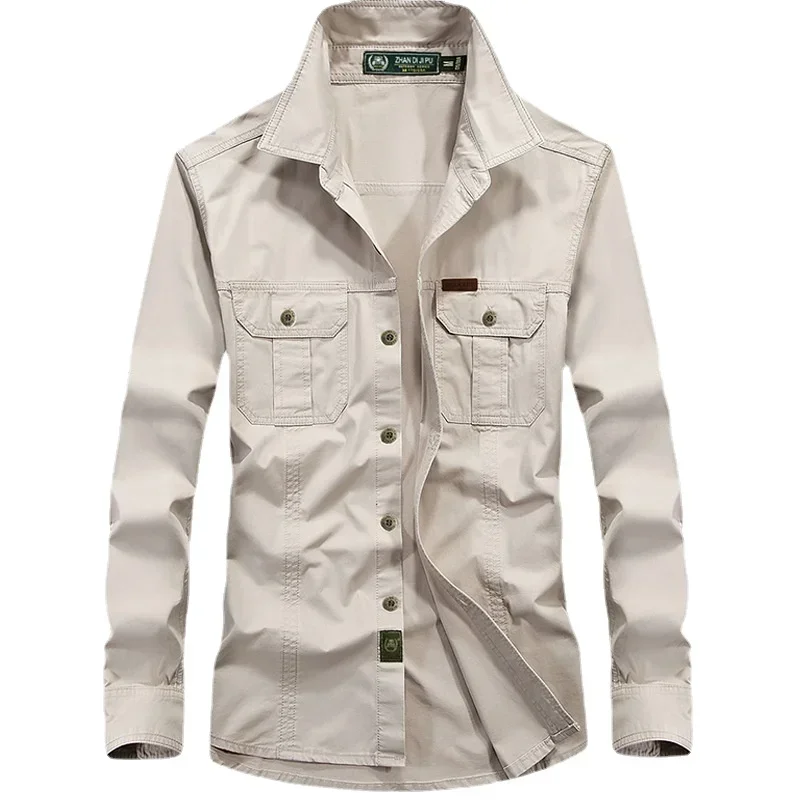 

New Spring Men Long-sleeved Tooling Shirts Male Multi-pockets Outdoor Shirts Quality Man Cotton Large Size Solid Casual Shirts 6