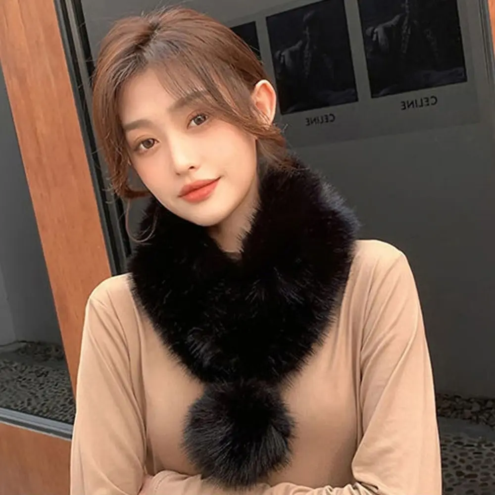 Luxury Velvet Texture Winter Scarf Solid Color Soft Faux Fox Fur Collar Thickened Neck Scarf Women view 4