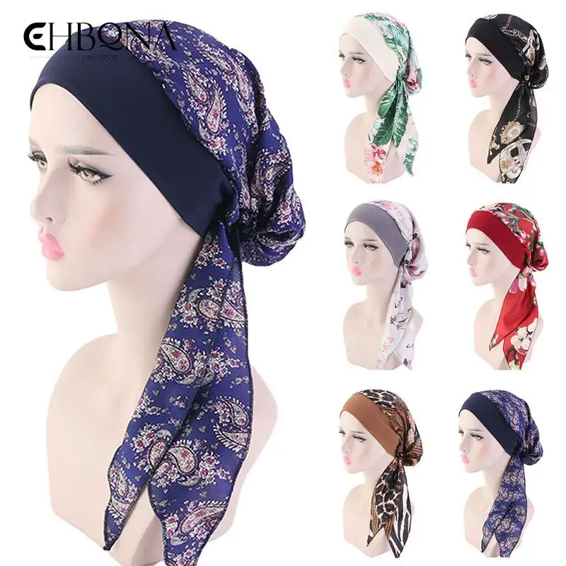 1PC Women Cancer Head Scarf Chemo Hair Loss Hat Turban Pre-Tied Headwear Bandana Head Wrap Cover Headwear Arab Fashion 