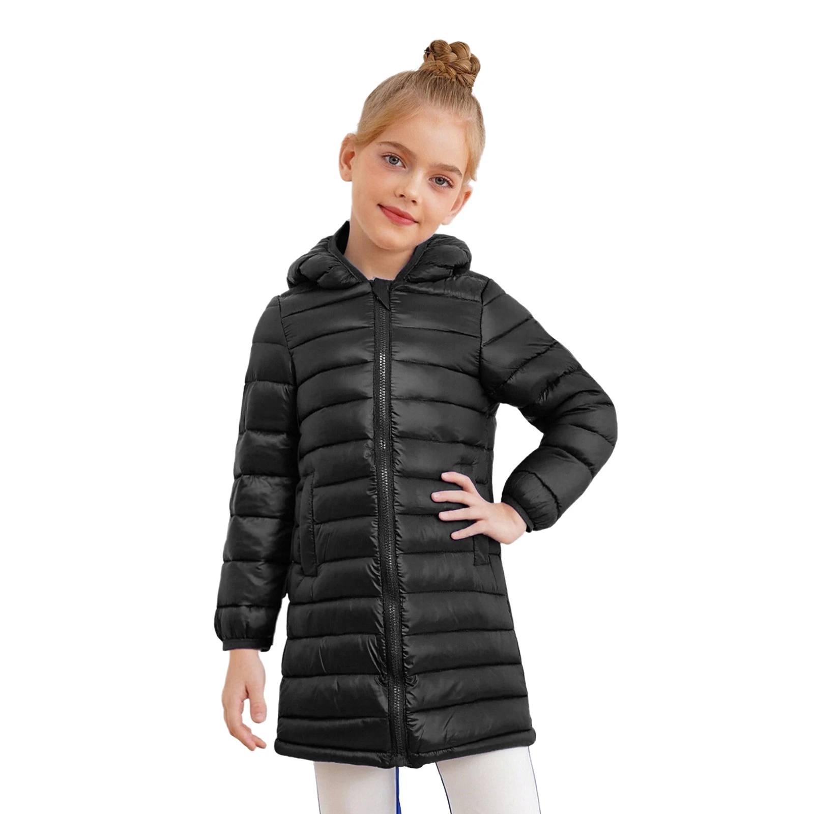 

Kids Girls Winter Warm Hooded Padded Coat Long Sleeves Elastic Cuffs Zipper Solid Color Overcoat Packable Outerwear with Pockets