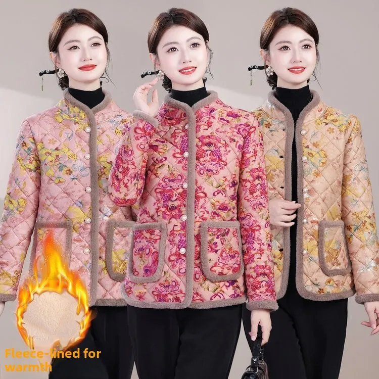 

2025 Winter New Sle Thiened Fce Lined Cotton Jaet Stand Collar Floral Print Women's Middle-Aged And ly Wear
