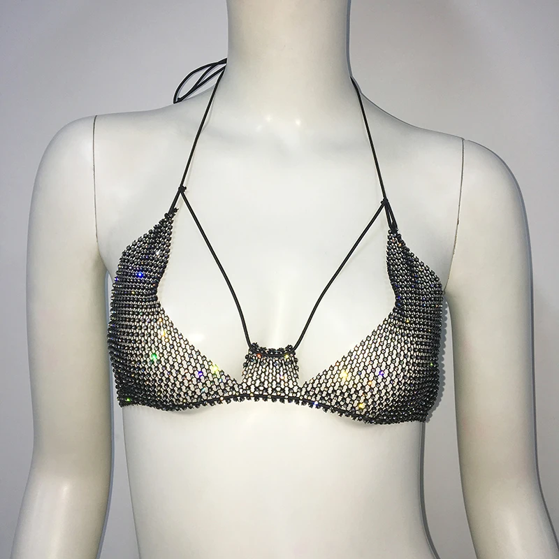 AKYZO damskie brokatowe kabaretki podkoszulki z kryształkami Backless Bralette Rave Festival krótki Top seksowna odzież uliczna impreza w klubie