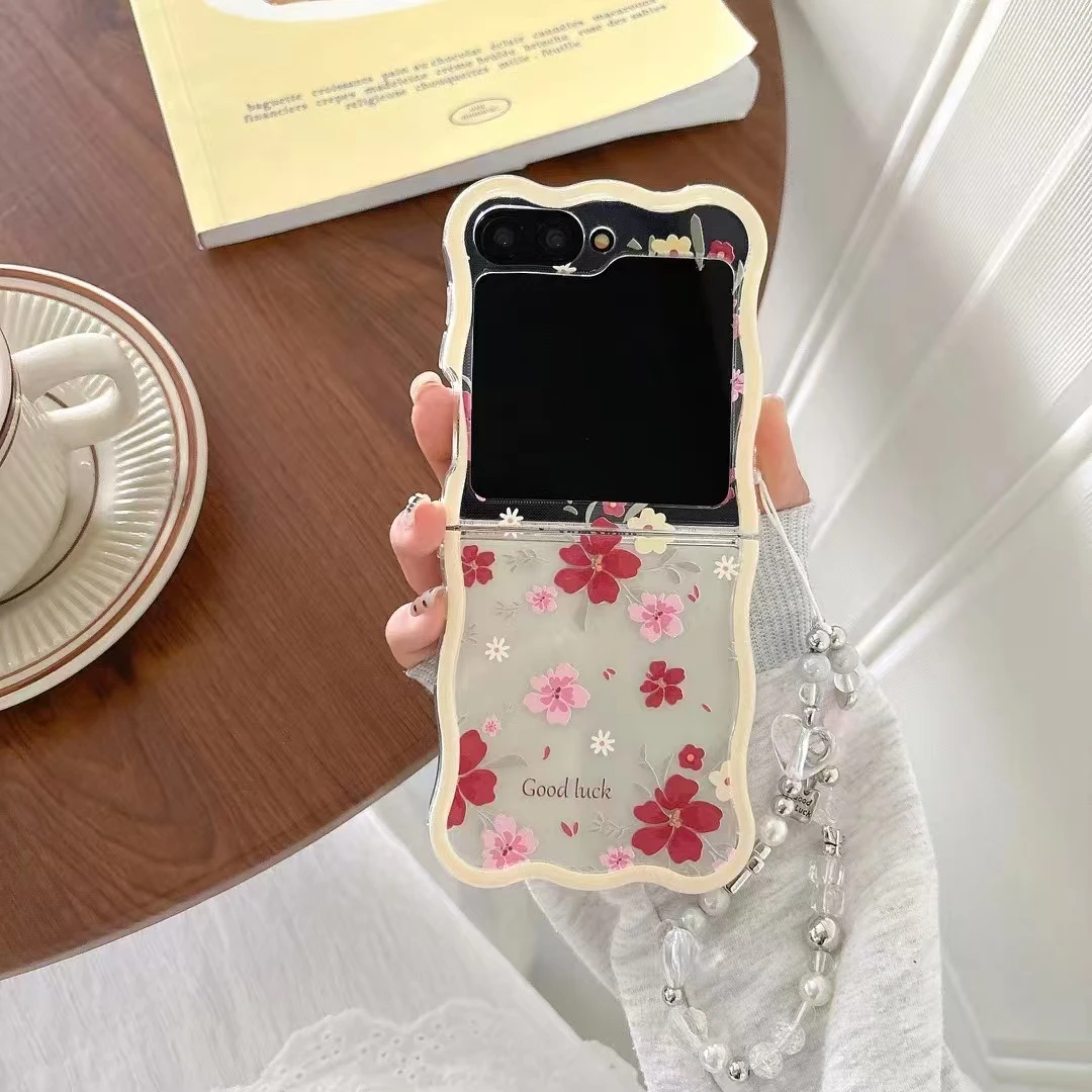 Luxury Crystal Cute Flower Pearl Strap Wave Phone Case Cover For Samsung Galaxy Z Flip 6 5 4 3 5G F7110 F7070