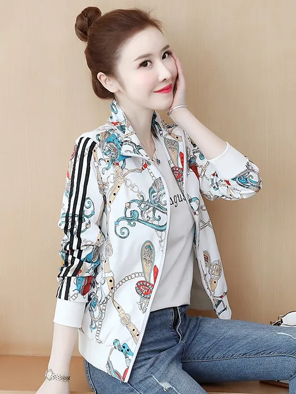 2025 nuevo temperamento de moda mujeres blanco Harajuku Floral Stand Collar chaqueta de béisbol primavera chica abrigo corto