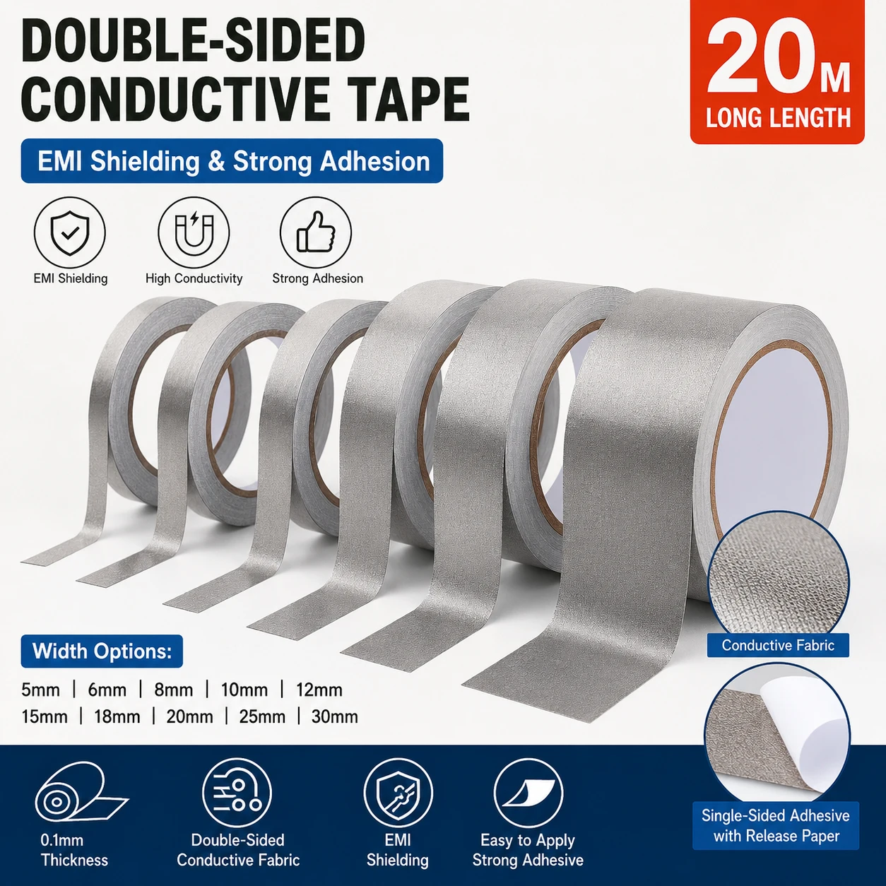 1-3Rolls 20M Double Conductive Fabric Tape 5-50mm, EMI Shielding Grounding Adhesive Tape for LCD, PCB, Cable Wire Harness