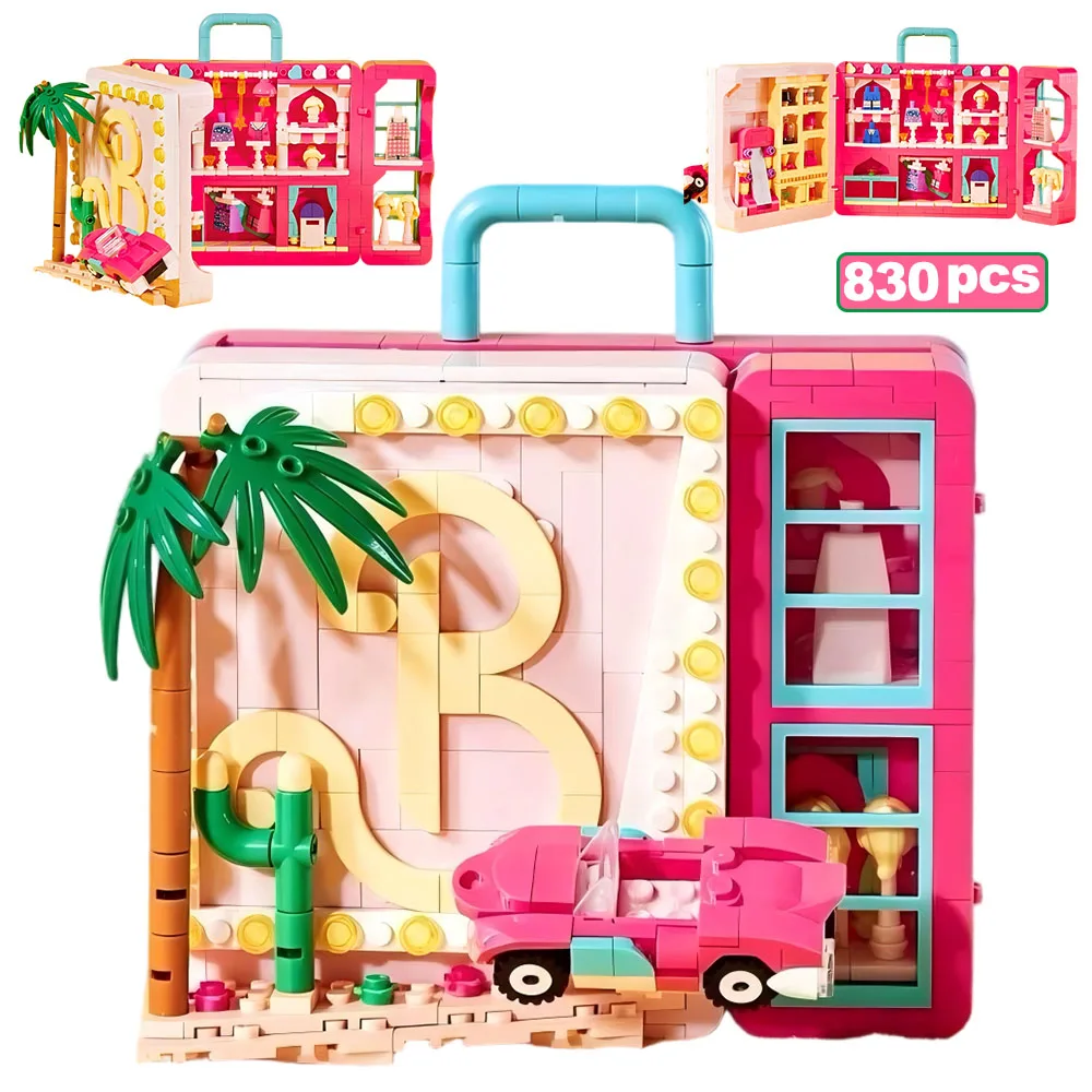 830PCS MOC Dream Wardrobe Model Building Blocks Pink Hand Luggage Clothes Hats Skirts Bricks Educational Toys for Girls Gifts