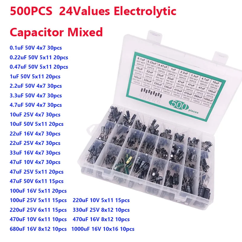 500PCS 24Values 0.1uF-1000u Electrolytic Capacitor Mixed DIP Electrolyte Capacitors 10V 16V 25V 50V Electronic Kit