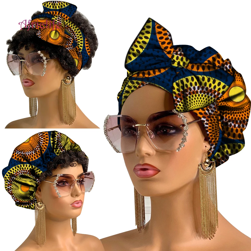 African Turban Cap with Ties African Material Cotton Two Pieces Set Ankara Bonnet and Headwrap Women Hair Accessories Wyb798