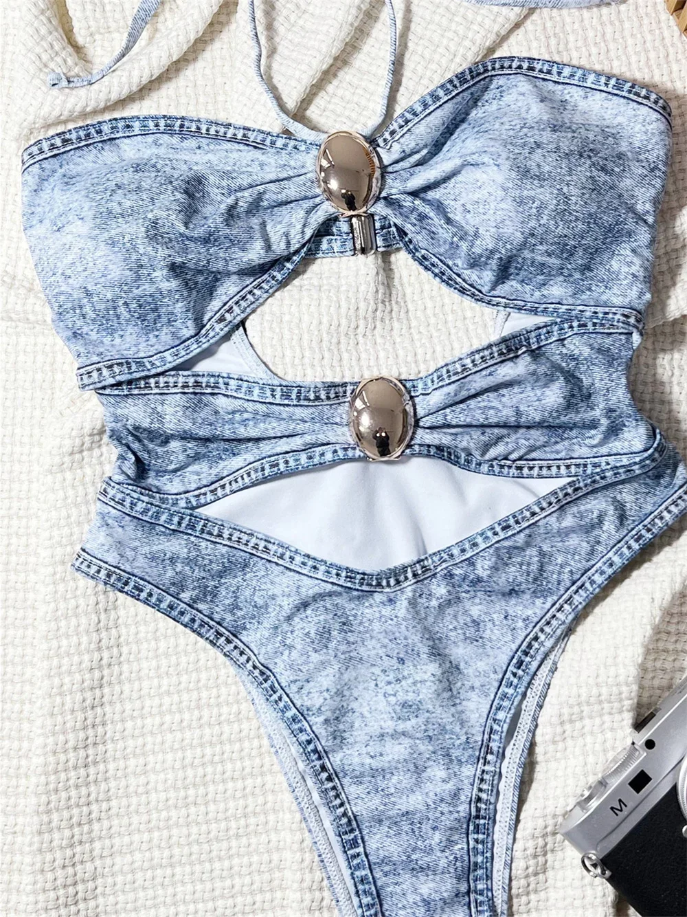 Sexy scava fuori twist bikini denim stampa halter string costume da bagno a fascia taglio alto costumi da bagno donna tendenza costume da bagno spiaggia biquini