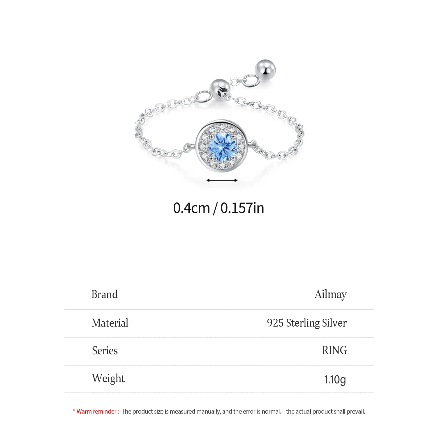 Ailmay 100% 925 Sterling Silver Blue Zircon Sparkling Round Chain Adjustable Ring For Fine Female Fashion Jewelry