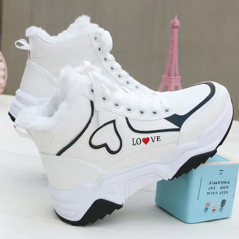 Women's Boots Platform Winter Sneakers Women Plush Shoes Wedge Sneaker Warm Cotton Shoes Female Lace-up Chunky Running Shoes