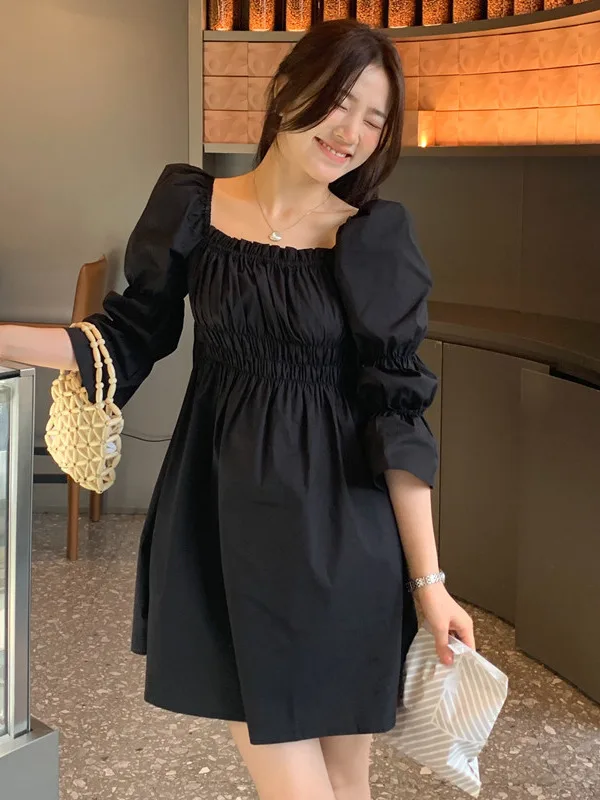 Chic Summer ort Dr One oulder Waist Cinching Bubble Sve Taro Mud Bubbles Peppy Sle Women's Knitwear Pure Color