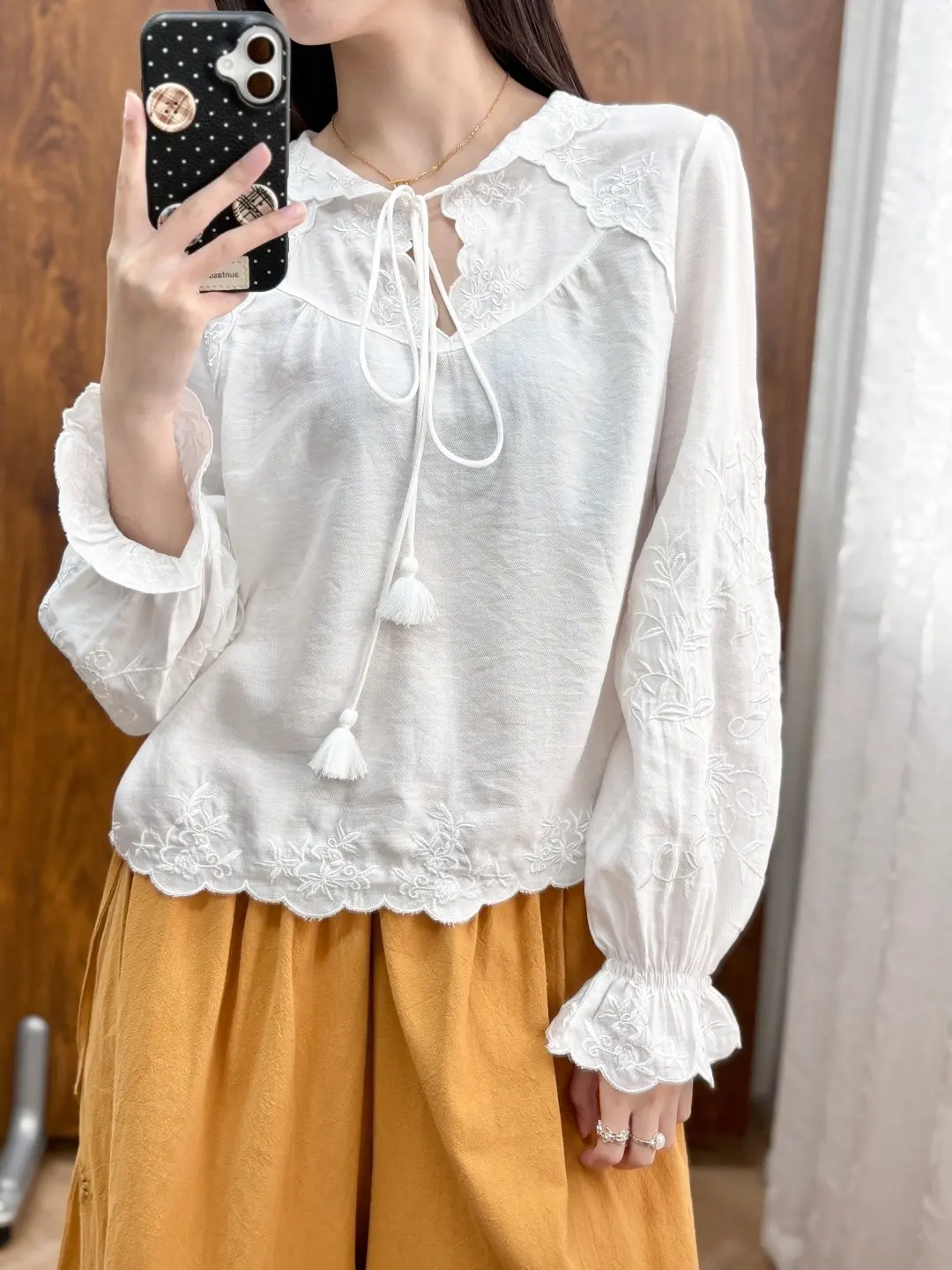 Romantic Style 2026 New Arrival Embroidered Lap Bow Lace-up Shirt Women's Puff Sleeve Light Mature Elegant Top