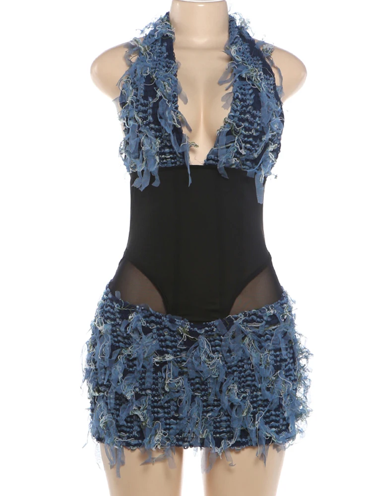 Weird Puss Mesh-Quasten-Dekoration Mini-Kleid Damen Sommer-Trend Neckholder Tiefer Ausschnitt Rückenfrei Ärmellos Tailliert Mode Bodycon – Detail 3