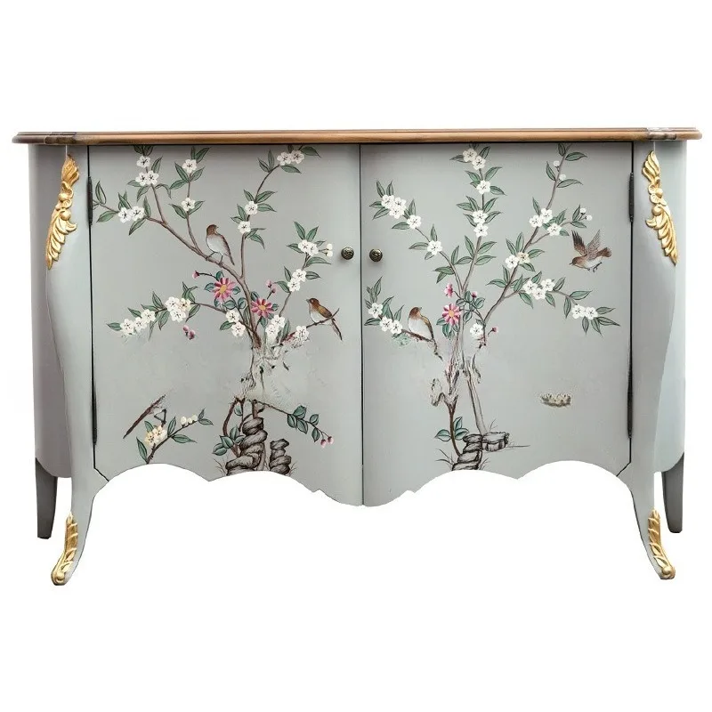 

light luxury birch dining side cabinet, living room classical hand-painted entrance cabinet, carved Meijia decorative cabinet
