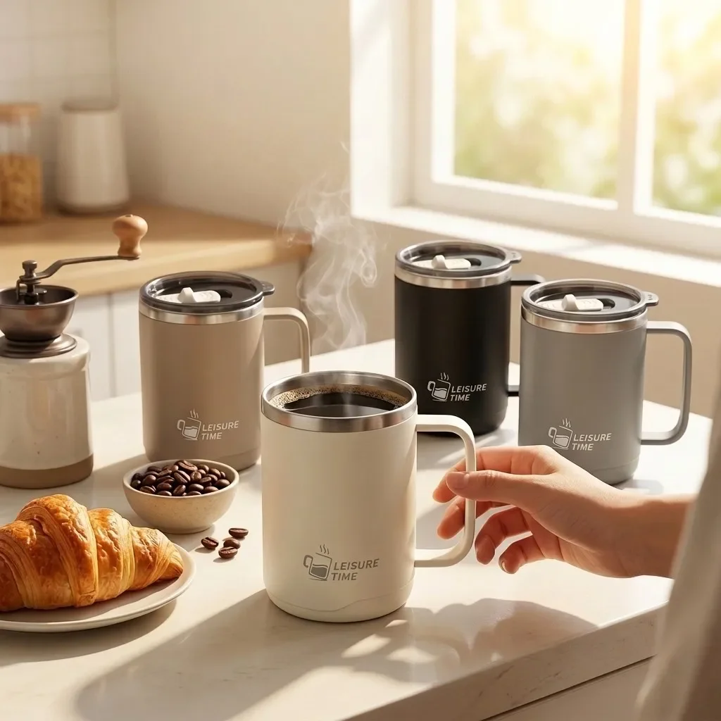 304 Stainless Steel Coffee Tumbler Thermal Travel Mug with Handle Lid Insulated Cup for Water Milk Tea Office Camping Drinkware