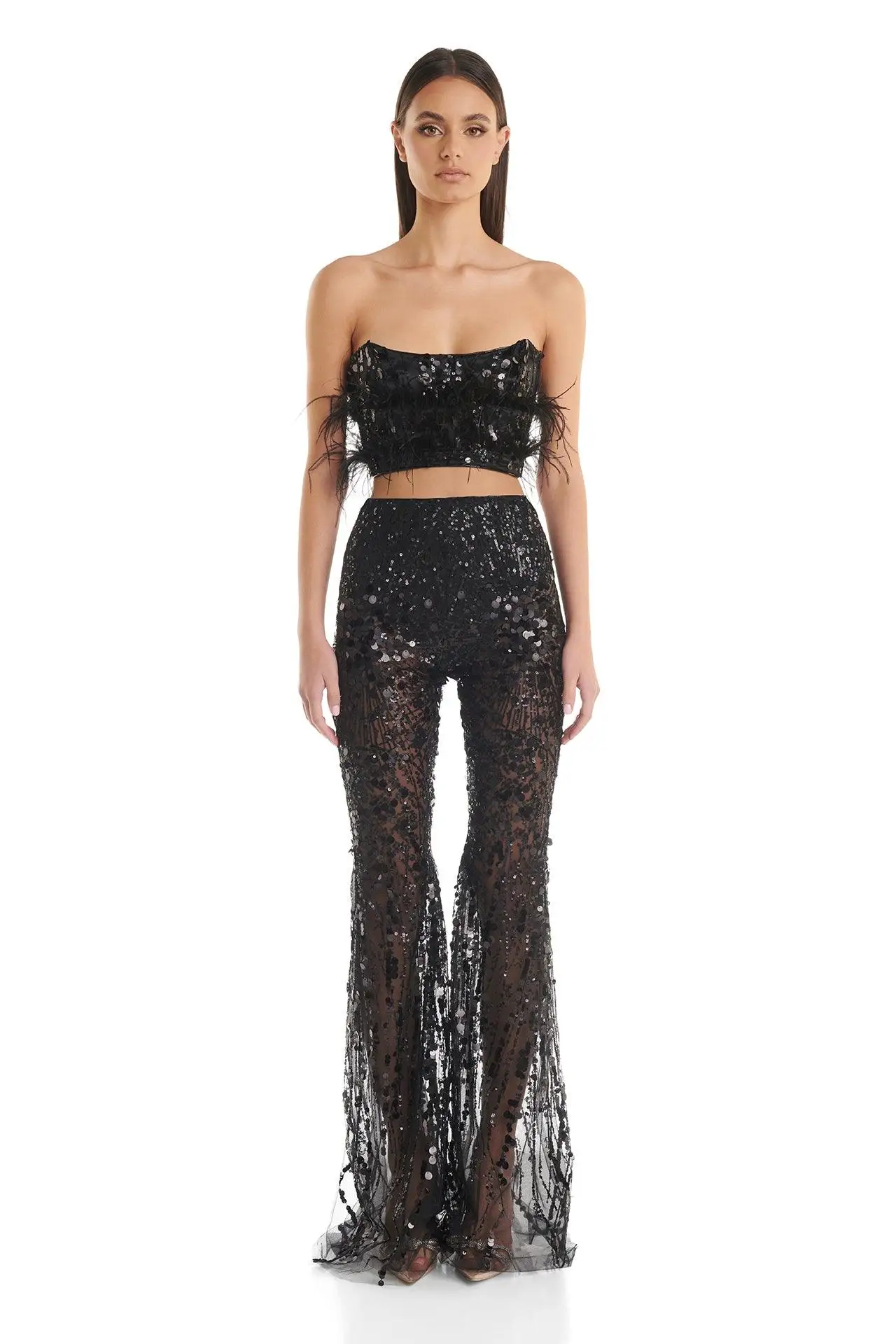 Womens Sexy 2 Piece Outfit Set Black Women's Suits Luxury Party Dresse Tank Vest + High Waist See Through Flared Trousers