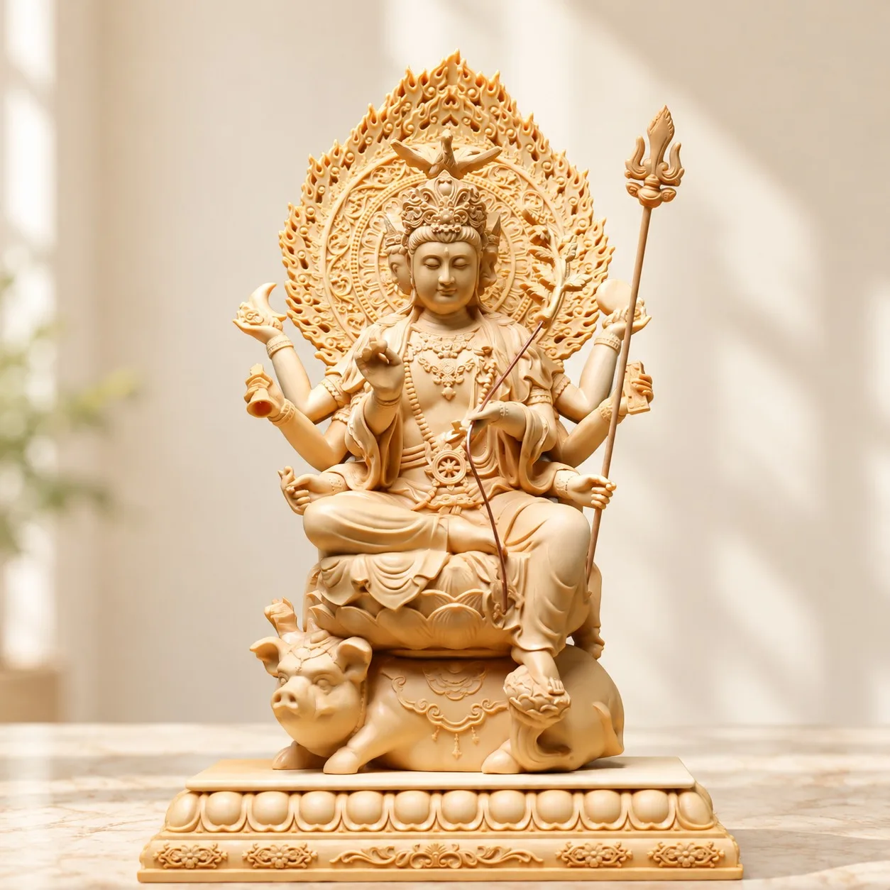 Hand Carved Hinoki Wood Doumu Yuanjun Statue Chinese Taoist Big Dipper Mother Altar Home Living Room Tabletop Decor Gift