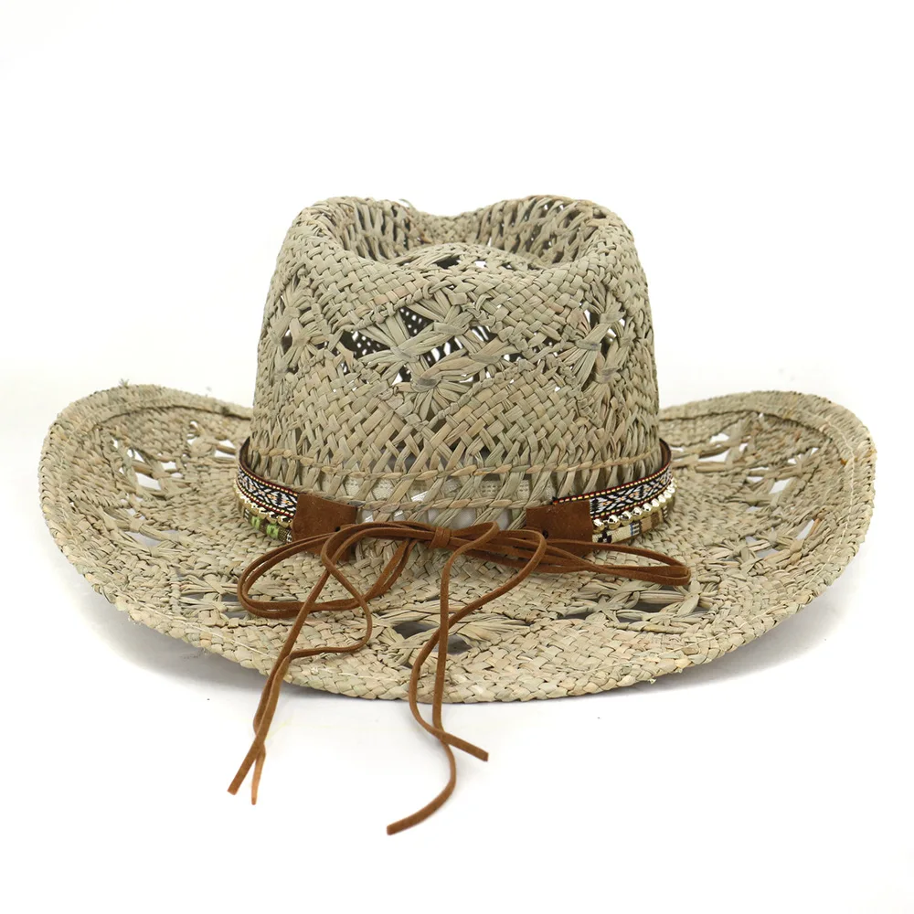 Natural Grass Handwoven Hollow Cowboy Straw Hat Rhinestone Chain Cowboy Hat for Woman Outdoor Vacation Beach Sun Hat for man