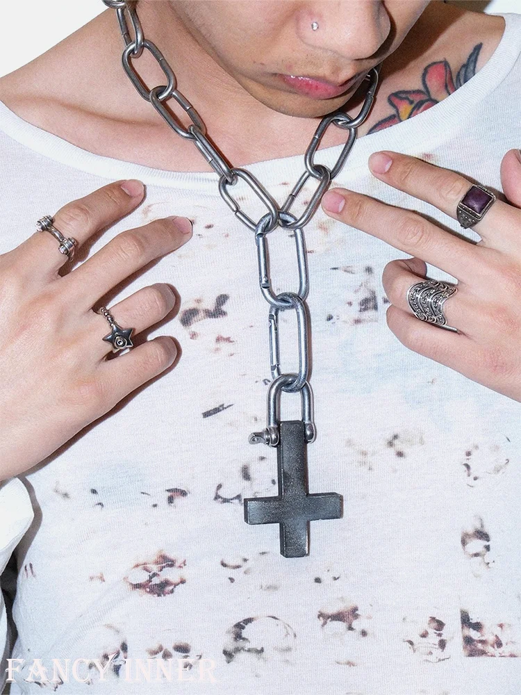 2025 New Punk Necklace Cross Pendant Metal Chain Y2k Adjustable Hip Hop Unisex Neck Accessaries for Women Men Jewelry