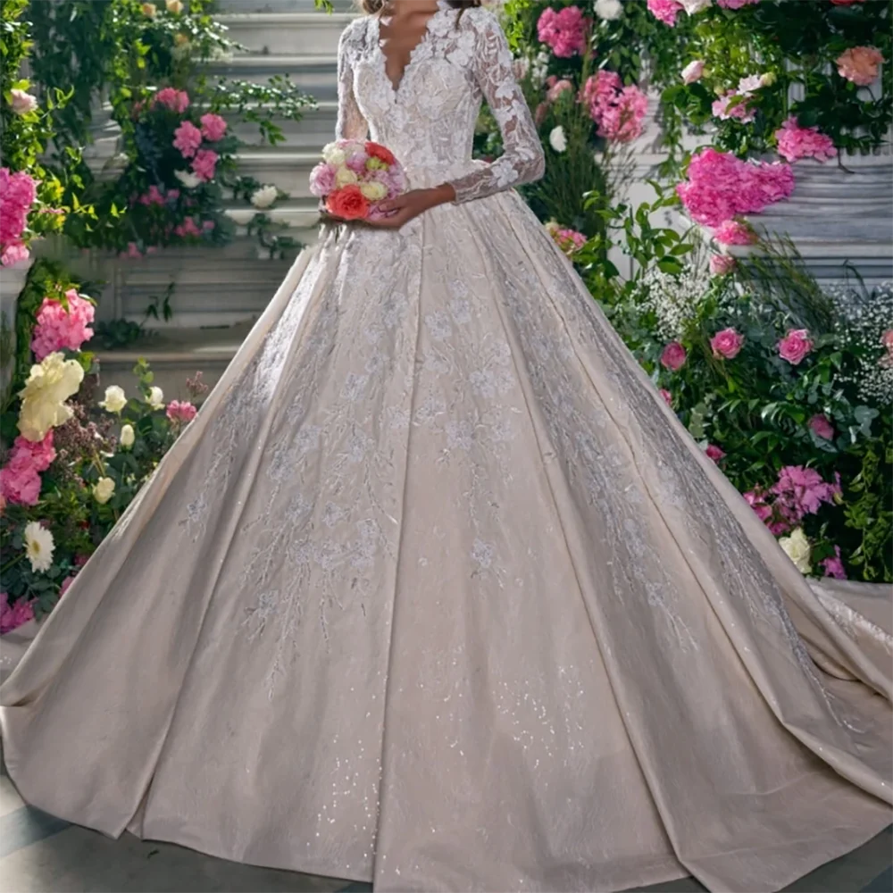 Elegante V-hals Kant Volledige Mouw Plooi A-lijn Bruid Trouwjurken Bruidsjurken Op maat