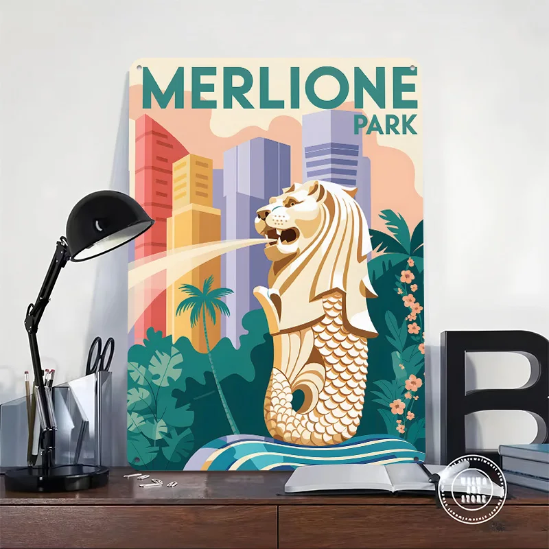 Merlione Park Singapore Travel Personalized 3D Textured Metal Poster Wall Art Tinplate Sign for Vintage Retro Decoration Room