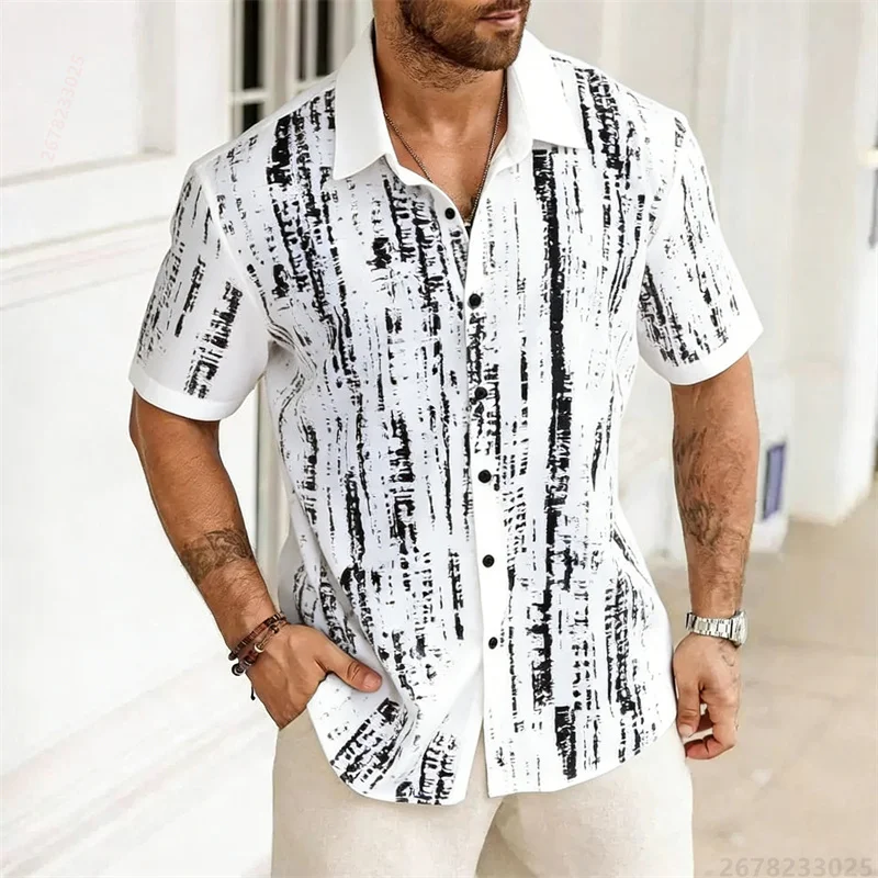 Men Short Sleeve Shirt Blue Vertical Texture Print Casual Summer Vacation Holiday Daily Leisure Street Trendy Mens Clothing