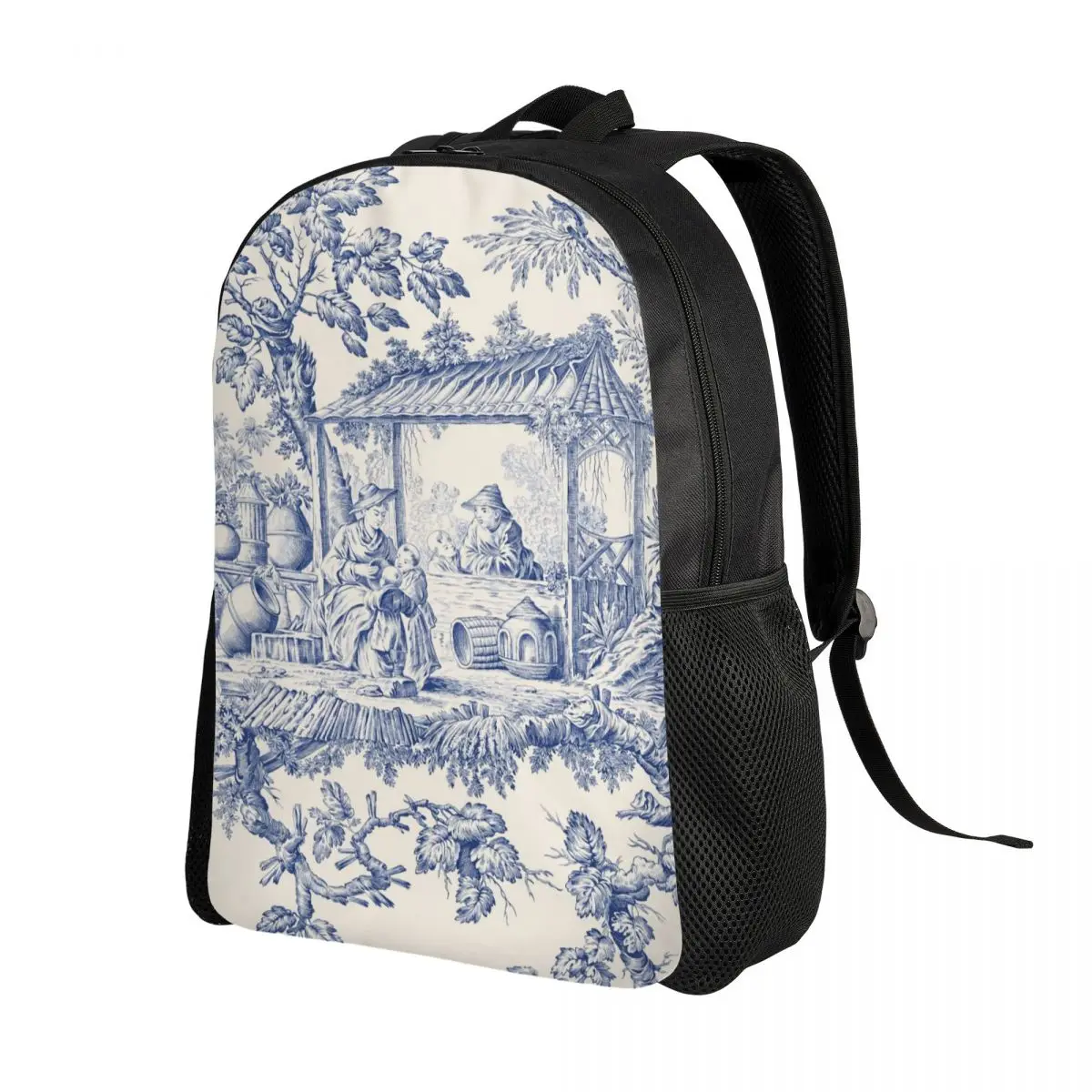 Vintage Classic French Toile De Jouy Navy Blue Motif Pattern Backpacks for Waterproof School College Bag Print Bookbags