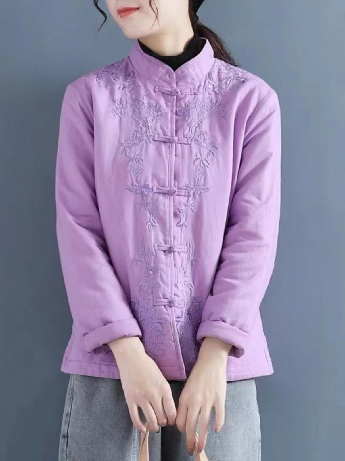 Thickened Embroidered Cotton Jacket Women's Chinese Style Retro Cotton Padded Tea Costume Stand Collar Button up Warm Coat