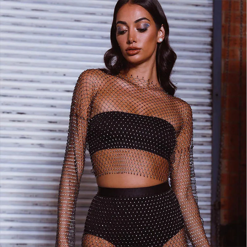 Y2K Mesh See Through T Shirt Shiny Rhinestone Fishnet Hollow Out Women Sexy Crop Top Long Sleeve Beach Cover Up Party Tank Tops