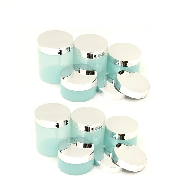 24Pcs 100g 120g 150g 200g 250g Empty Cosmetic Cream Pot Glossy Silver Lid Plastic Containers Light Blue Jars Wide Mouth Bottles