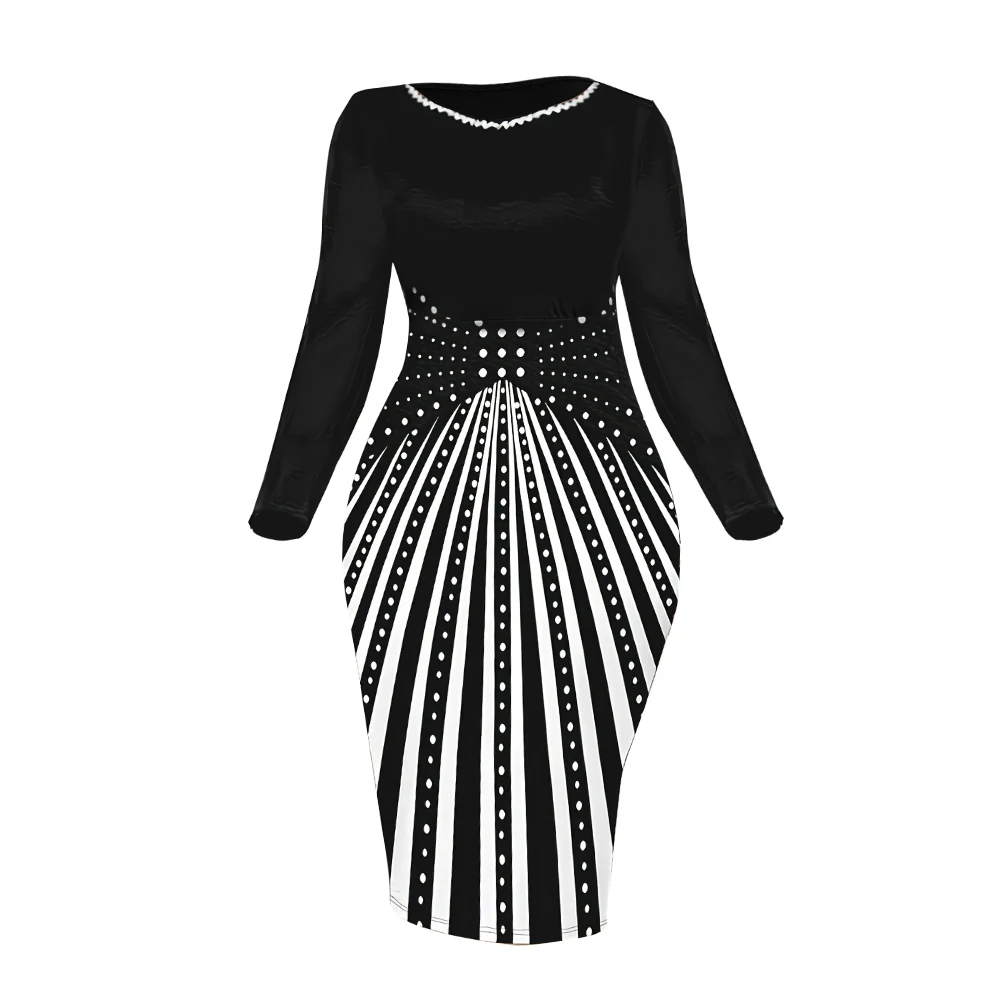 Striped Print Bag Hip Dress, Elegant Crew Neck Long Sleeve Slim Dress For Every Day, Women\'s Clothing